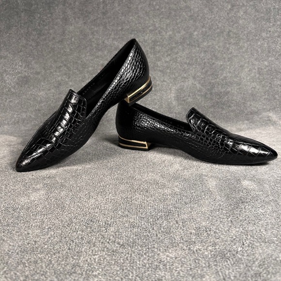 AQUATALIA Loafers Crocodile Embossed Black Leather Heels Gold Women 6.5M Italy - Picture 8 of 12
